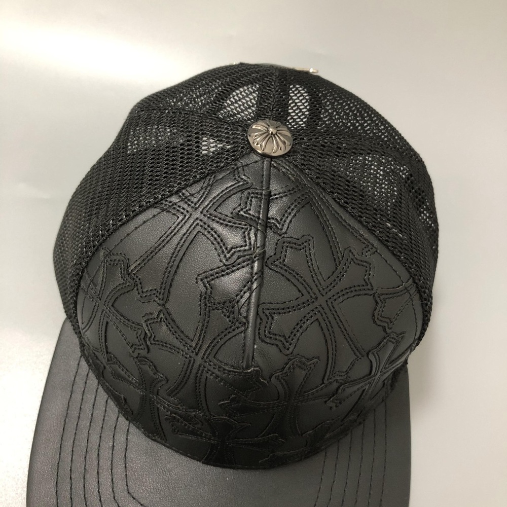Chrome Hearts Black Trucker Hat with Leather Cross Logo Baseball Cap Women Men - Picture 2 of 14